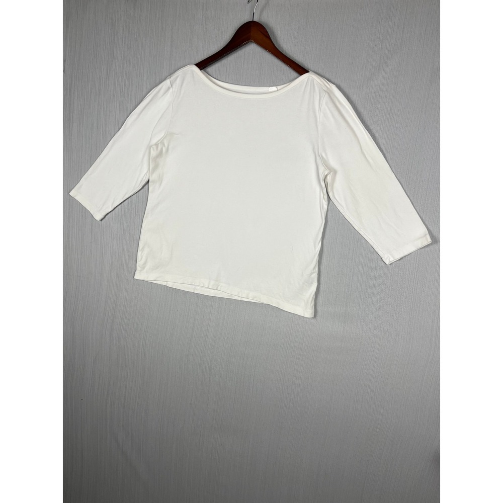 Chico's Boat Neck Top Women 2 White 3/4 Sleeve 100% Cotton Classic Minimalist